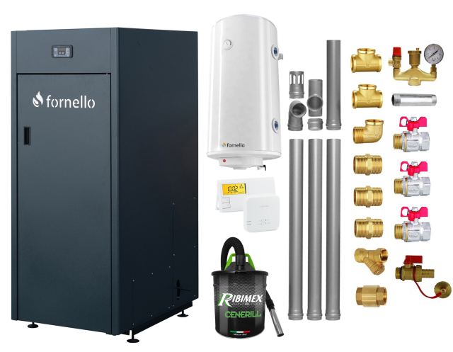 Pachet Centrala pe peleti Fornello King Plus 35 KW, boiler, termostat, aspirator, kit evacuare, fitinguri, pompa de circulatie, vas de expansiune, supapa de siguranta, automatizare, rezervor pentru peleti 145 kg, creuzet din fonta, tiraj fortat