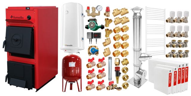 Pachet centrala pe combustibil solid Fornello T-PRO 30 kW, cos inox, radiatoare otel, boiler, vas expansiune, fitinguri si accesorii de baza