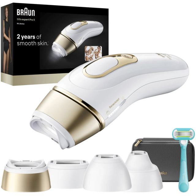 BRAUN Epilator IPL Braun Silk-expert PRO 5 PL5431 Senzor automat & continuu Skin pro 2.0, 400.000 impulsuri, 10 niveluri de intensitate, 125 de impulsuri pe minut, 3 Capete de epilat, Trusa de voiaj, Aparat de ras Venus, Alb/Auriu