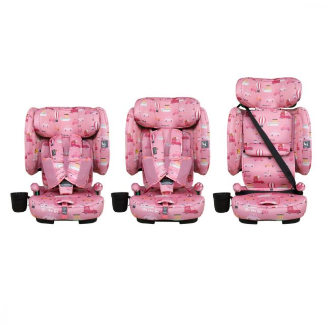 Scaun auto pentru copii i-Size 76-150 cm Cosatto On The Go Itchy Feet Rosy cu sistem Isofix si Top-Tether, pliere compacta, geanta de transport