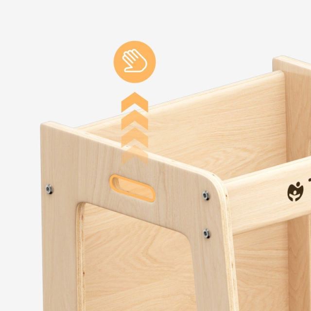 Turn de invatare multifunctional 3-in-1 Tulano Mooby 35 Natural cu structura rezistenta din MDF laminat,margini rotunjite,tabla de desen integrata,bariera de siguranta,greutate admisa 60 kg