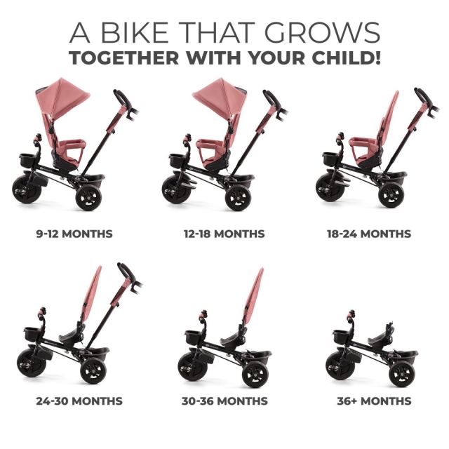Tricicleta pentru copii Kinderkraft Aveo Rose Pink de la 9 luni, cu sezut rotativ, suport pentru picioare, maner cu control al directiei, gentuta si cos pentru accesorii
