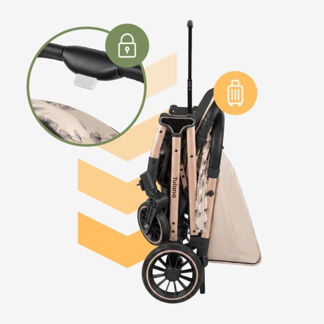 Carucior sport copii Tulano Lagos 35 Beige Gold cu pliere compacta tip troller, husa picioare impermeabila si suport pahar incluse, roti pivotante cu suspensii integrate, parasolar XXL, greutate admisa 15 kg