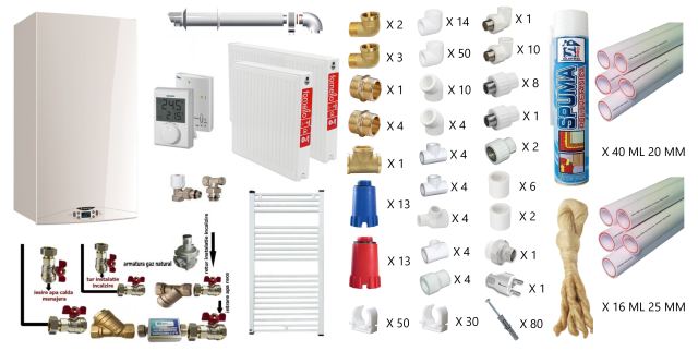 Pachet apartament cu o camera, centrala termica in condensatie Ariston HS Premium EU2 24, kit evacuare inclus, termostat, calorifere otel, teava PPR si fitinguri, kit armaturi centrala, robineti calorifer