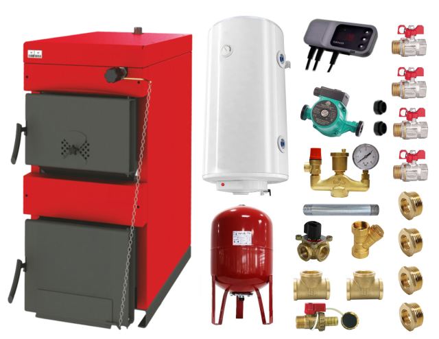 Pachet Centrala pe combustibil solid ​Sunsystem Burnit NWB 30 kW, boiler termoelectric, vas expansiune, pompa circulare, controller pompa, fitinguri montaj