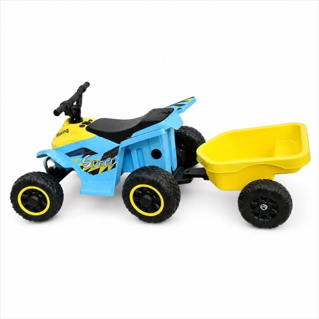 Atv electric cu remorca Nichiduta Mooving Speed BlueYellow, roti rezistente, remorca detasabila, acumulator 6V4.5Ah, motor 35w, suport picioare