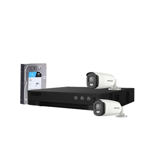 Sistem supraveghere exterior cu HDD 1TB HikVision, 2 camere, 5 MP, lumina alba 20 m, 2.8 mm, stroboscop