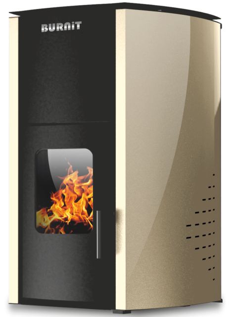 Termosemineu pe peleti Burnit Comfort 18 kw, complet echipat pentru incalzire, pompa, vas expansiune, automatizare, buncar peleti 15 kg,  tiraj fortat, culoare Crem, aprindere automata, pana la 120 mp