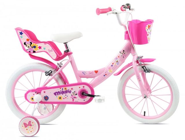 Bicicleta pentru copii Denver Minnie Cutest 16 inch, frana de mana pe ambele roti, clopotel, roti ajutatoare detasabile, suport pentru papusi, cosulet transport pe ghidon