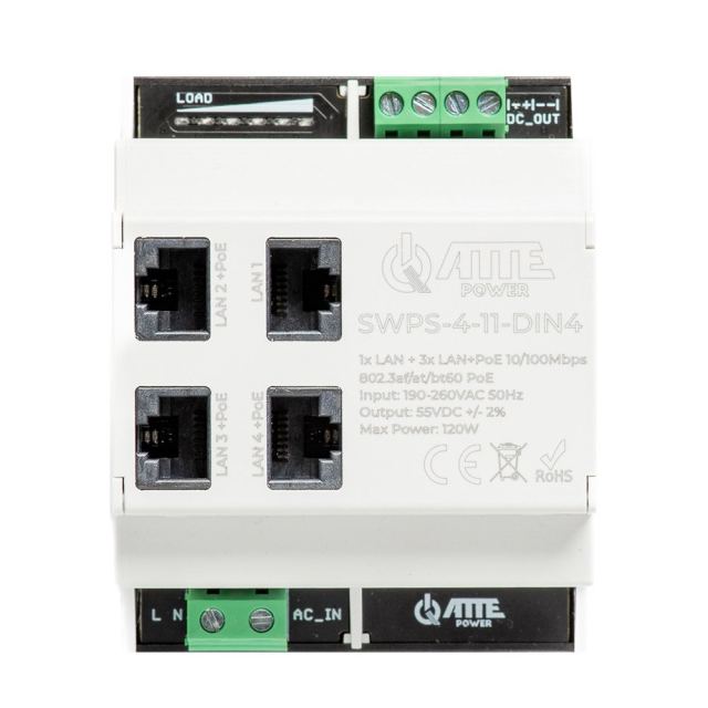 Switch PoE cu 4 porturi ATTE Power SWPS-4-11-DIN4, 10/100 Mbps, sursa alimentare, sina DIN