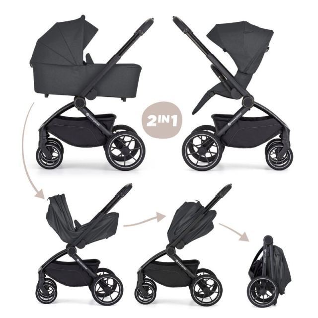 Carucior 2 in 1 pentru copii PetiteMars Scout Gri cu landou pliabil, reversibil, spatar si suport de picioare reglabile, maner ajustabil, accesorii, pana la 22 kg, 0 luni+