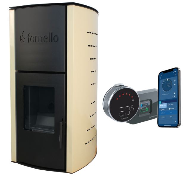 Pachet control de la distanta Termosemineu pe peleti Fornello Royal 18 kw, pompa, vas expansiune, aprindere automata, buncar peleti integrat, culoare ivory si termostat Wi-Fi Salus IT 800