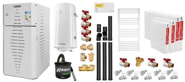 Pachet centrala pe peleti Fornello INCANTO COMPACT 35 kW, pompa electronica, vas expansiune, arzator inox, grup de siguranta, kit evacuare 3.5 ml, termostat, aspiratior, boiler 100L, Radiatoare otel si Fitinguri montaj