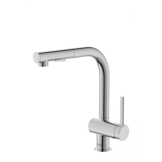 Roca Baterie sanitara bucatarie Roca, Gama Ona, pipa inalta, tip L, monocomanda, pivotanta, dus extractabil, 2 functii, crom mat