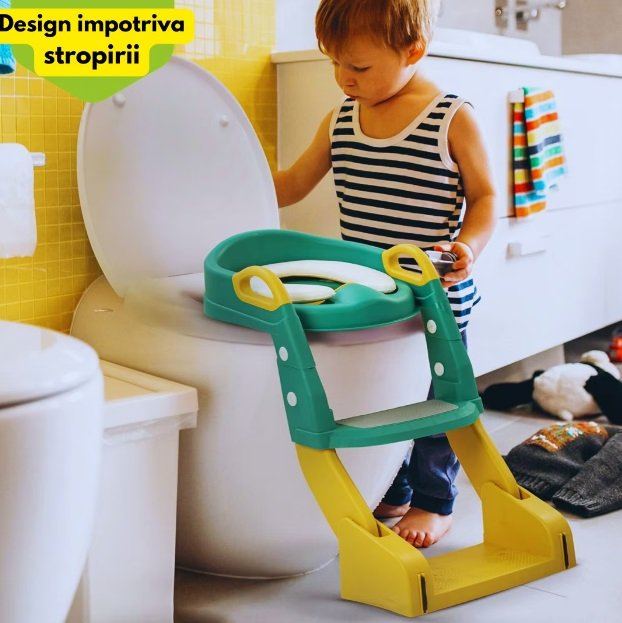 Reductor toaleta pentru copii Little Mom LittleStep Green, pliabil, ergonomic, sezut din PVC, manere de sustinere, vas colector detasabil, protectie anti-stropire, suprafata antiderapanta, 55 x 35 x 58 cm