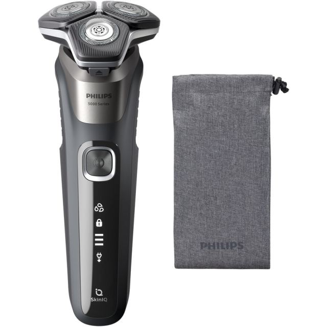 Philips Aparat de barbierit Phipips Shaver Seria 5000 S5887 10, barbierit umed, uscat, tehnologie SkinIQ, fara fir, capete flexibile 360°, display LED, senzor Power Adapt, lame auto-ascutire, lama de tuns integrata, 60 min, husa, Gri carbon