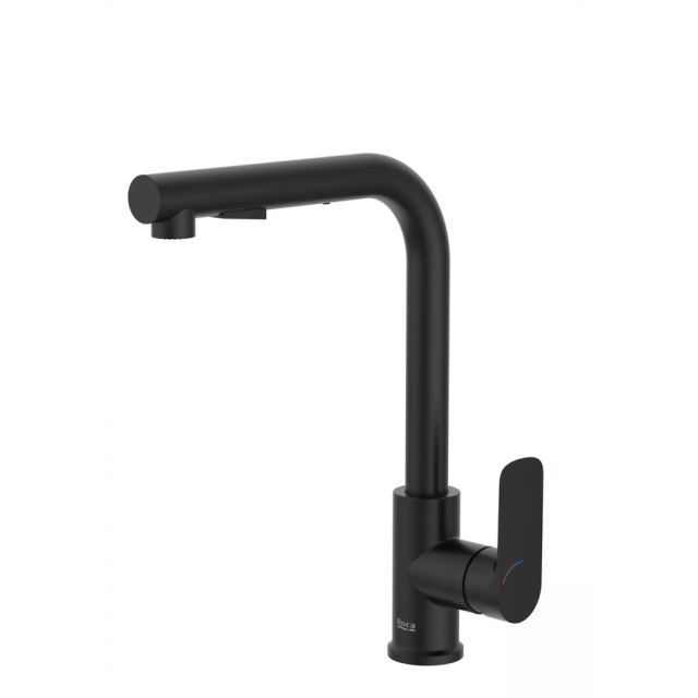 Roca Baterie sanitara bucatarie Roca, Gama Cala, pipa inalta, tip L, monocomanda, pivotanta, dus extractabil, 2 functii, negru