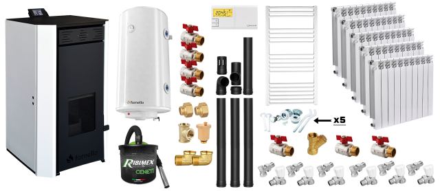 Pachet Termosemineu pe peleti Fornello EVA 30 KW, pompa circulatie, vas expansiune, WI-FI, buncar, tiraj fortat, kit evacuare 3.5 ml, termostat, aspirator, boiler 100L, Radiatoare Aluminiu si Fitinguri montaj