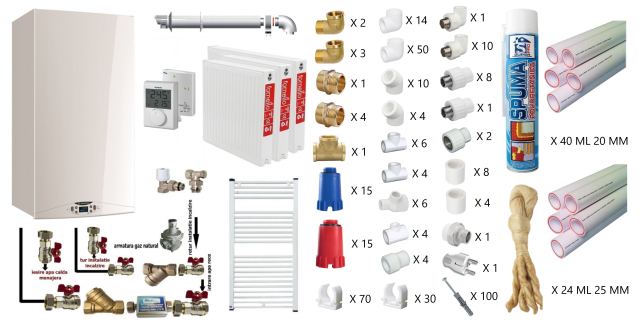Pachet apartament cu 2 camere, centrala termica in condensatie Ariston HS Premium EU2 24, kit evacuare inclus, termostat, calorifere otel, teava PPR si fitinguri, kit armaturi centrala, robineti calorifer