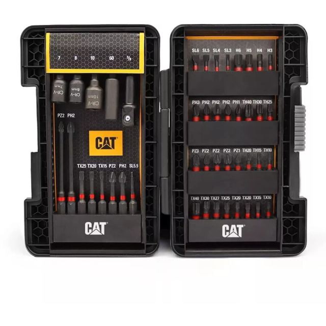 CAT Set CAT de 45 biti pentru insurubare cu impact, acoperiti cu fosfat de mangan (antiruginire), chei magnetice, magnetic bit holder, adaptor 3/8, carcasa plastic, Negru