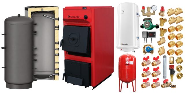 Pachet centrala pe combustibil solid Fornello T-PRO 40 kW, puffer, boiler, vas expansiune, fitinguri si accesorii de baza