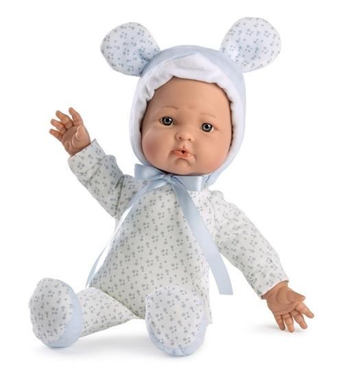 Papusa bebelus baietel Guca, 36 cm, corp moale textil, usoara, potrivita pentru copii mici
