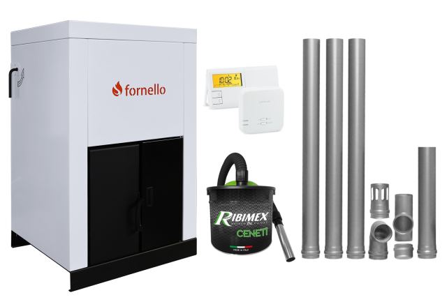Pachet Centrala pe peleti Fornello Eco Energy 25 kW, complet echipata cu pompa, vas expansiune, automatizare, kit evacuare 3.5 ml, Termostat Salus 091FLRFV2 si Aspirator Cenusa, curatare facila, pana la 200 mp afisaj digital, arzator fonta