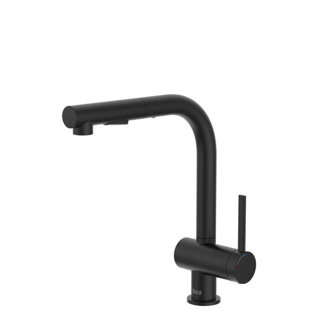 Roca Baterie sanitara bucatarie Roca, Gama Ona, pipa inalta, tip L, monocomanda, pivotanta, dus extractabil, 2 functii, negru