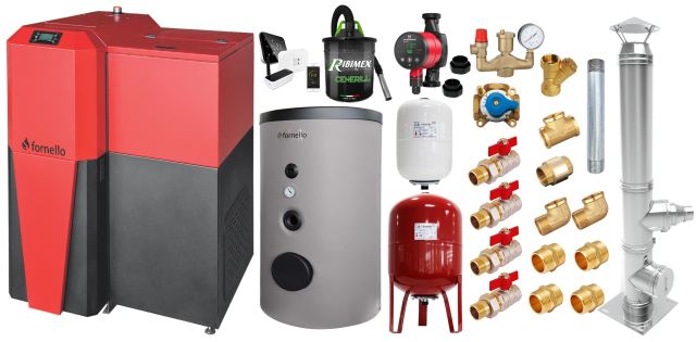 Pachet Centrala mixta Lemn/Pelet Fornello Tera 28 kW, boiler de sol, cos inox, termostat, aspirator, pompa, vas expansiune, fitinguri, aprindere automanta la peleti, buncar peleti 95 kg, creuzet fonta, curatarea facila, pentru 180 mp