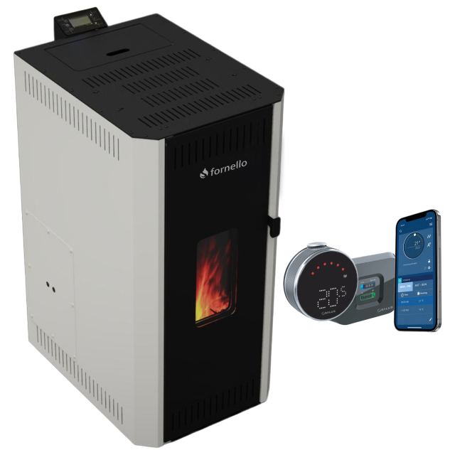 Pachet termosemineu pe peleti Fornello CALORE COMPACT 35 kW, pompa electronica, vas expansiune, arzator inox, grup de siguranta, termostat wifi salus IT 800, sistem de curatare MECANICA a creuzetului si drumurilor de fum, culoare alb