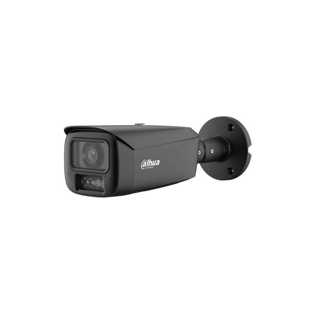 Camera supraveghere exterior IP cu iluminare duala Dahua WizMind IPC-HFW5659T1-ASE-PV-0360B-PRO-BLACK, 6 MP, 3.6 mm, IR 80 m, lumina calda 60 m, alarma luminoasa si audio, microfon si difuzor, slot card, PoE+, neagra