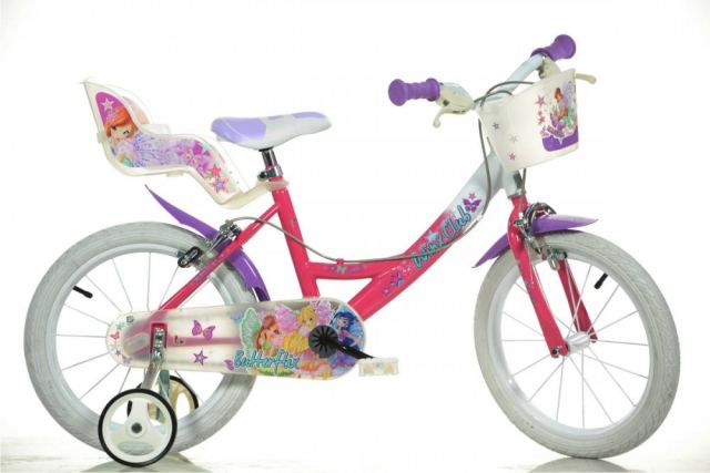 Bicicleta copii Dino Bikes Winx 16 inch, varsta 5-7 ani, inaltimea recomandata 107-125 cm, frana de mana pe ambele roti, cosulet cumparaturi si scaunel pentru papusa, cauciucuri gonflabile, roti ajutatoare