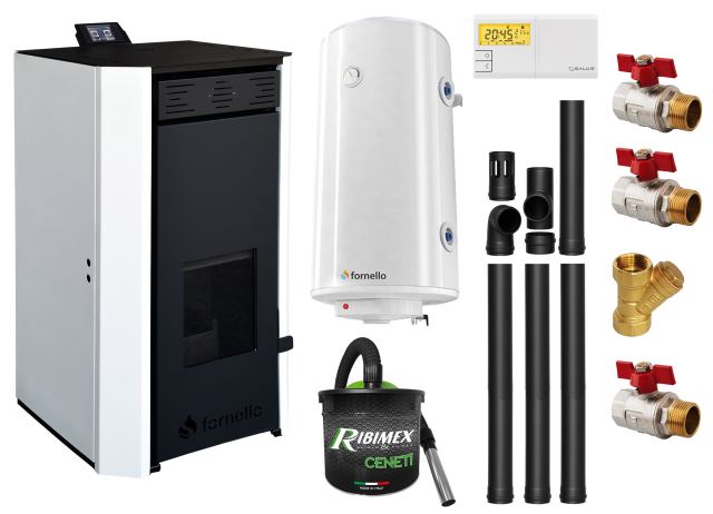 Pachet Termosemineu pe peleti Fornello EVA 18 KW, pompa circulatie, vas expansiune, WI-FI, buncar, tiraj fortat, kit evacuare 3.5 ml, termostat, aspiratior, boiler 100L si Fitinguri montaj