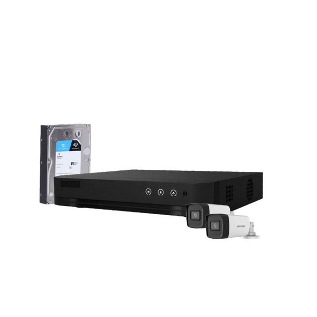 Sistem supraveghere exterior cu HDD 1TB HikVision, 2 camere, 5 MP, IR 40 m, 2.8 mm, microfon