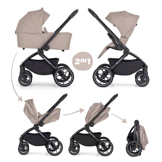 Carucior 2 in 1 pentru copii PetiteMars Scout Crem Cappuccino cu landou pliabil, reversibil, spatar si suport de picioare reglabile, maner ajustabil, accesorii, pana la 22 kg, 0 luni+