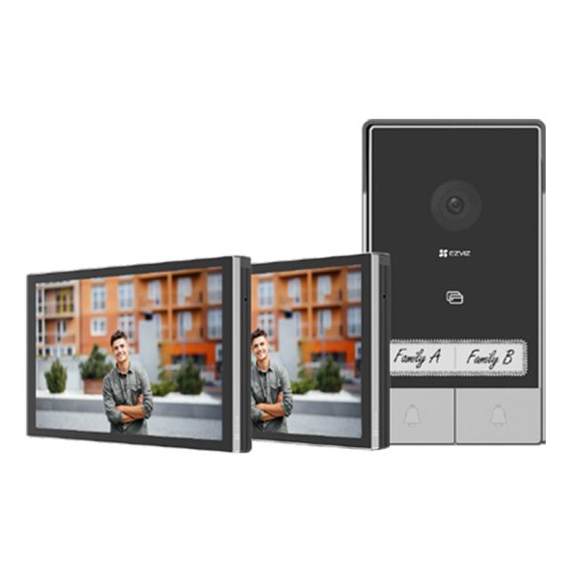 Kit videointerfon WiFi EZVIZ CS-HP7, 2 familii, 3 MP, 7 inch, instalare pe 2 fire, RFID, IR 6 m, Dual-Band, slot card, sonerie, aparent, aplicatie mobila