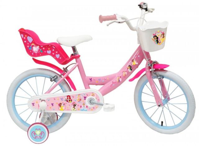 Bicicleta pentru copii Denver Disney Princess 16 inch, frana de mana pe ambele roti, clopotel, roti ajutatoare detasabile, suport pentru papusi, cosulet transport pe ghidon