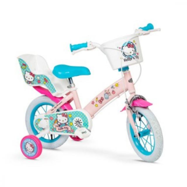Bicicleta pentru copii Toimsa Hello Kitty 12 inch, varsta 3-5 ani, inaltime 85-100 cm, reglabila, cos frontal si scaun pentru papusi, roti ajutatoare