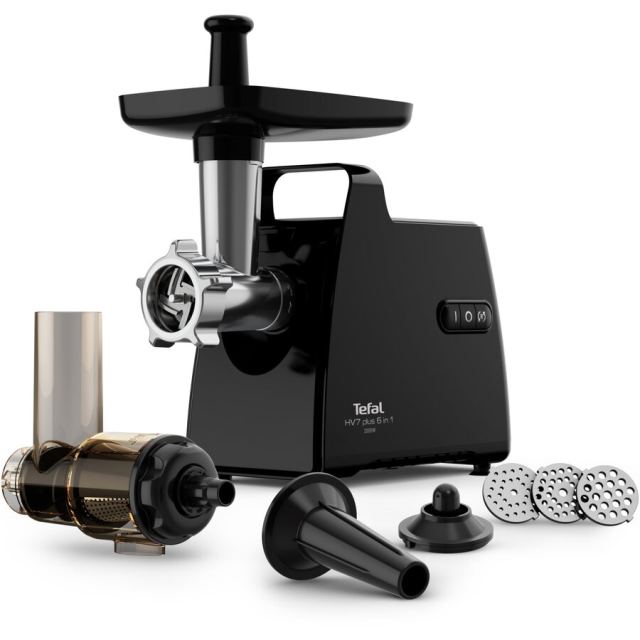 Tefal Masina de tocat carne Tefal HV7 Plus 6 in 1 NE553838, 2000 W, 2.8 kg/min, accesorii pentru kebbe, carnati, suc de rosii, 3 grile din inox, functie reverse, negru