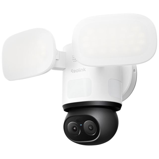 Camera supraveghere rotativa IP Speed Dome PTZ cu lentila duala Reolink TrackFlex Floodlight Full Color F850P, 8MP, 2.8/8 mm, PIR, slot card, IR/lumina alba 30 m, 2800 lumeni, microfon si difuzor, sirena, detectie smart, auto-tracking, PoE
