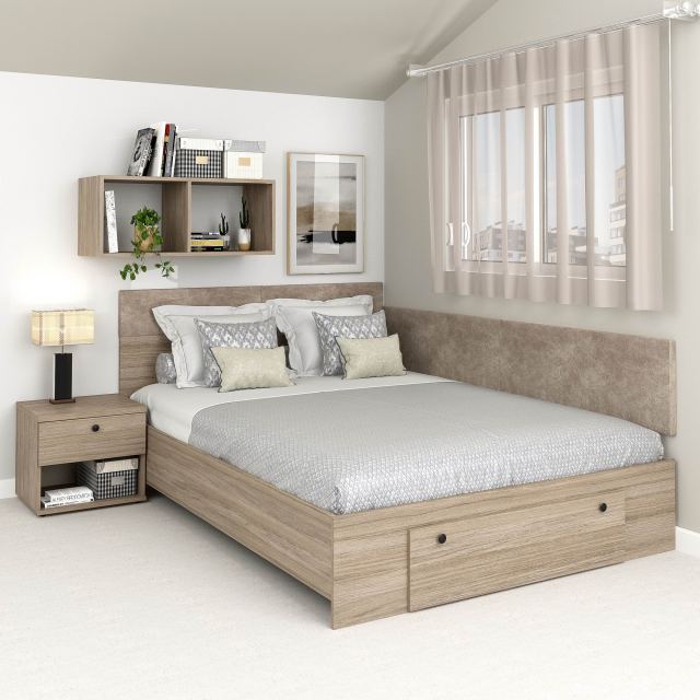 Pat colt AMBRO cu saltea si noptiera inclusa, sertar frontal, 160x200, Oak