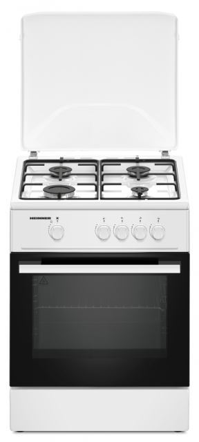 Aragaz HEINNER HFSC-K6060WH, Gaz, 4 arzatoare, Aprindere electrica plita, Duze GPL incluse, Tava si gratar cromat, 60cm (Alb)