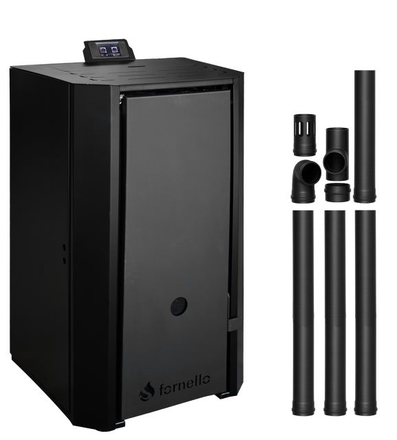 Pachet Centrala pe peleti Fornello EVA B Black 30 KW, pompa circulatie, vas expansiune, Grup siguranta, WI-FI, buncar, tiraj fortat, kit evacuare 3.5 ml, Clasa A++, recomandat pentru 200 mp, Negru