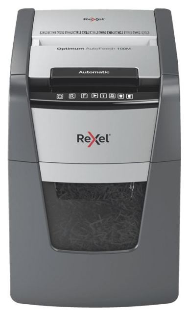 Distrugator documente si carduri automat Rexel Optimum AutoFeed+ 100M RX-2020100MEU, P5, 100 Coli, Cos 34 L (Negru)