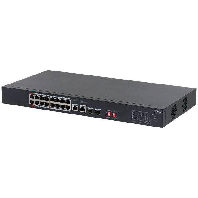 Switch cu 18 porturi Dahua S3218-16ET-135, 8K MAC, 7.2 Gbps, 2 porturi SFP 1000Mbps, fara management, PoE Watchdog