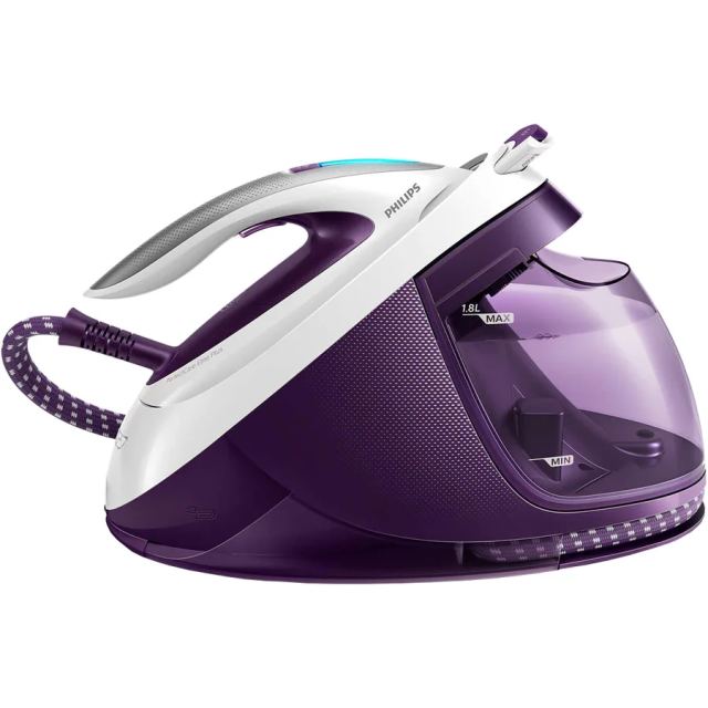 Philips Statie de calcat Philips PerfectCare Elite Plus GC9660/30, 2700 W, Talpa T-ionicGlide, 155 g/min, Jet de abur vertical, Tehnologie OptimalTEMP, Alb/Mov