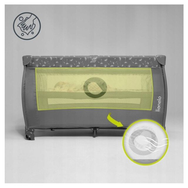Patut pentru copii Lionelo Stefi Plus Gri Pliabil, Cu doua nivele, Intrare laterala cu fermoar, 2 roti, 120 x 60 cm, Conform cu standardul european de securitate EN 716