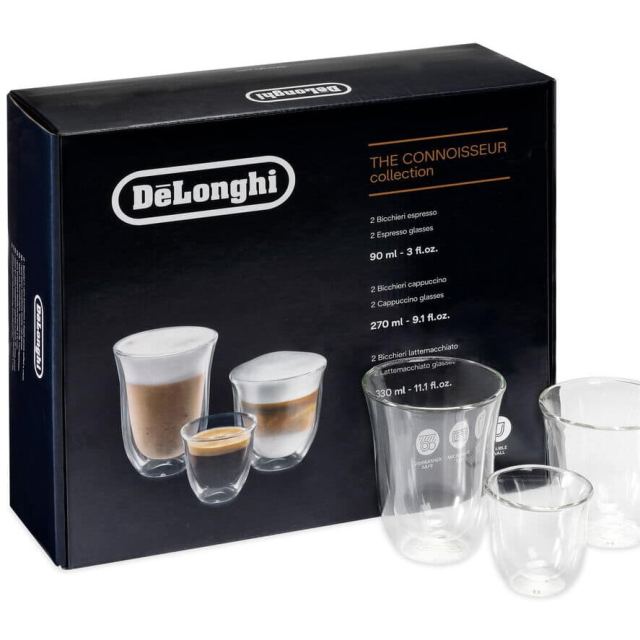 Delonghi Set 6 Pahare De'Longhi Colectia Connoisseur DLSC302, 2 pahare Espresso 90 ml, 2 pahare Cappuccino 270 ml si 2 pahare Latte Macchiato 330 ml, cu pereti dubli, Transparent