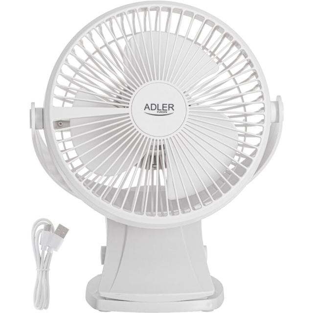 ADLER Ventilator de birou cu clema, reincarcabil Adler AD 7342, diametru alice 15,5 cm, rotatie 360°, USB-C, 5 W, 3 trepte de viteza, Alb