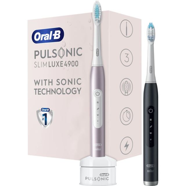 Oral-b Set 2x Oral-B Pulsonic Slim Luxe 4900 DuoPack, tehnologie de sunet moale, miscare cu vibratii de 31 la suta, 3 moduri de periere, cronometru, aur roz si negru mat